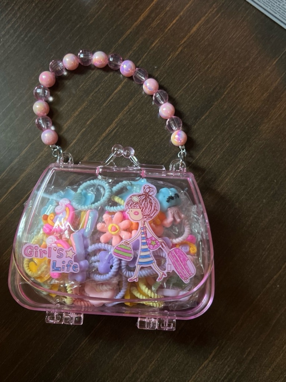Pink Clear Girls' Beaded Handle Purse with Assorted Hair Accessories